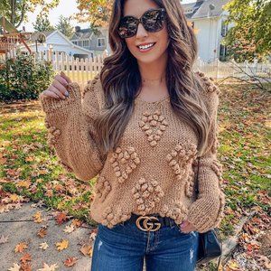 Chicwish Tan Heart Pom V-Neck Sweater